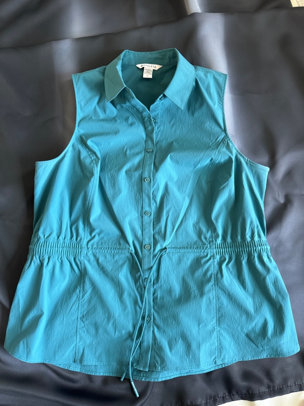 Athleta Teal Sleeveless Button-Down Drawstring Shirt